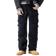 Black cargo pants with multiple flap pockets and panel detailing