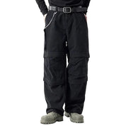 Black cargo pants with panel detailing and side chain