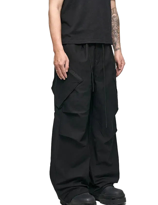 Black wide-leg cargo pants with side flap pockets