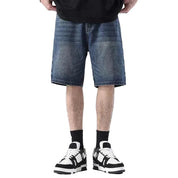 Dark blue washed denim shorts with faded detailing