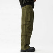Olive green cargo pants with panel detailing