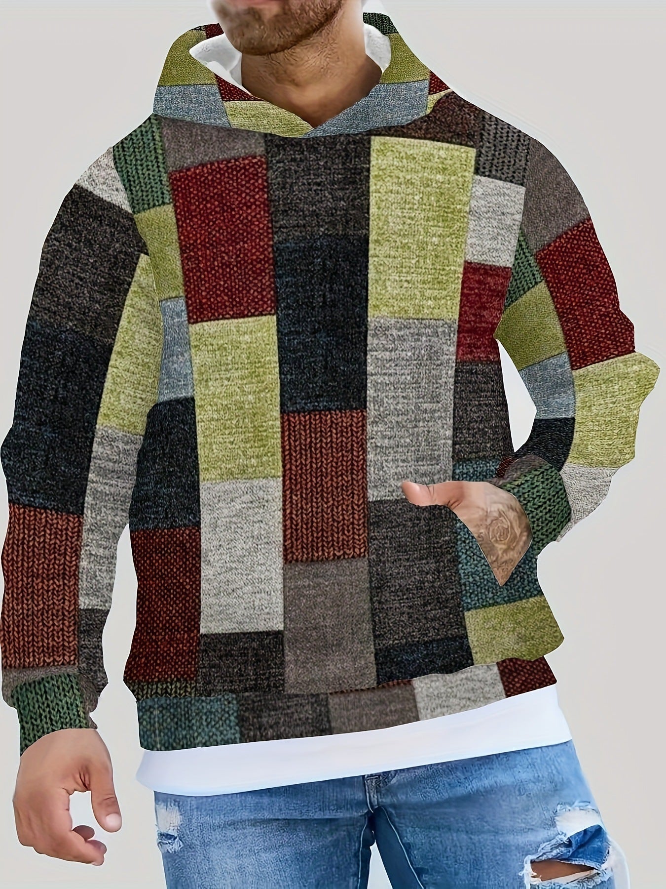Men's 3D Checkered Hoodie - Streetwear Casual - Green