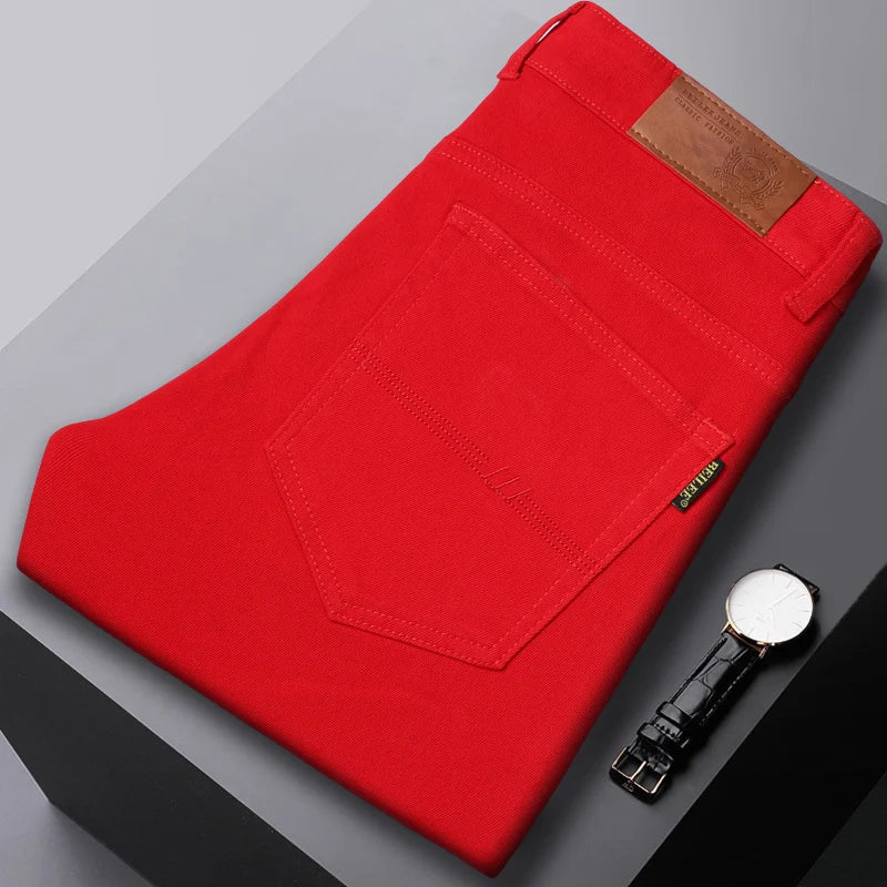 Men's Comfort Fit Denim Jeans - Classic Five-Color Selection - Red