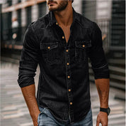 Men's Denim Shirt - Slim Fit with Snap Buttons - Black
