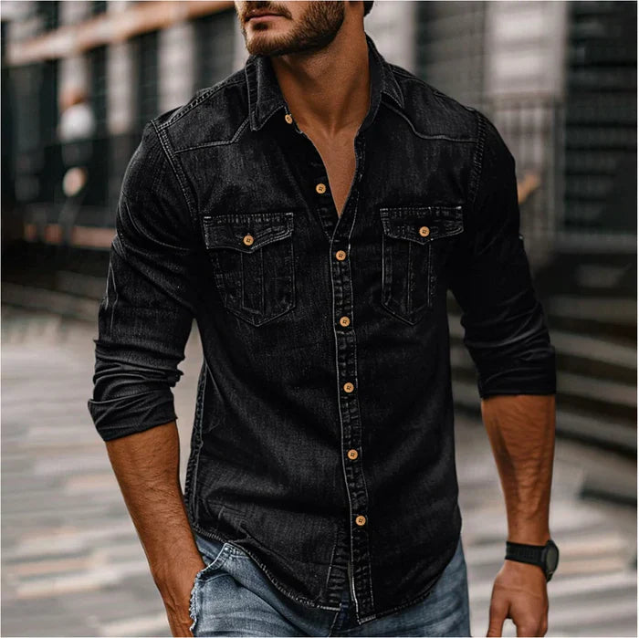 Men's Denim Shirt - Slim Fit with Snap Buttons - Black