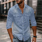 Men's Denim Shirt - Slim Fit with Snap Buttons - Light Blue