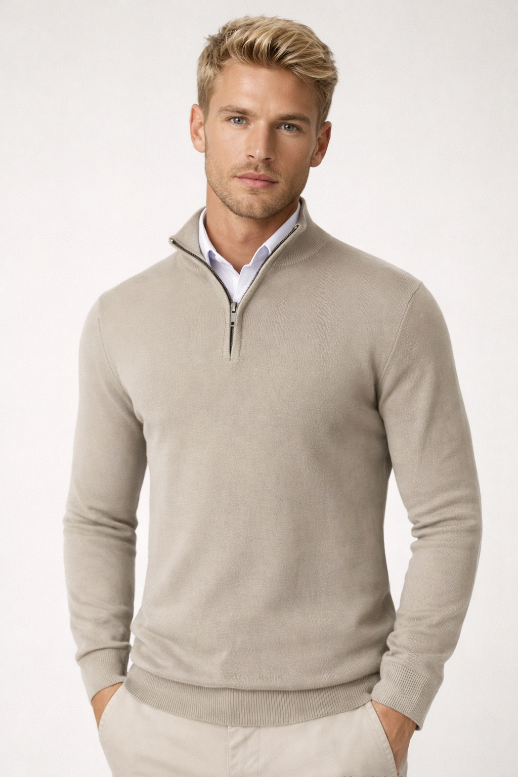 Men's Half-Zip Sweater - Soft Knit Crewneck - Beige