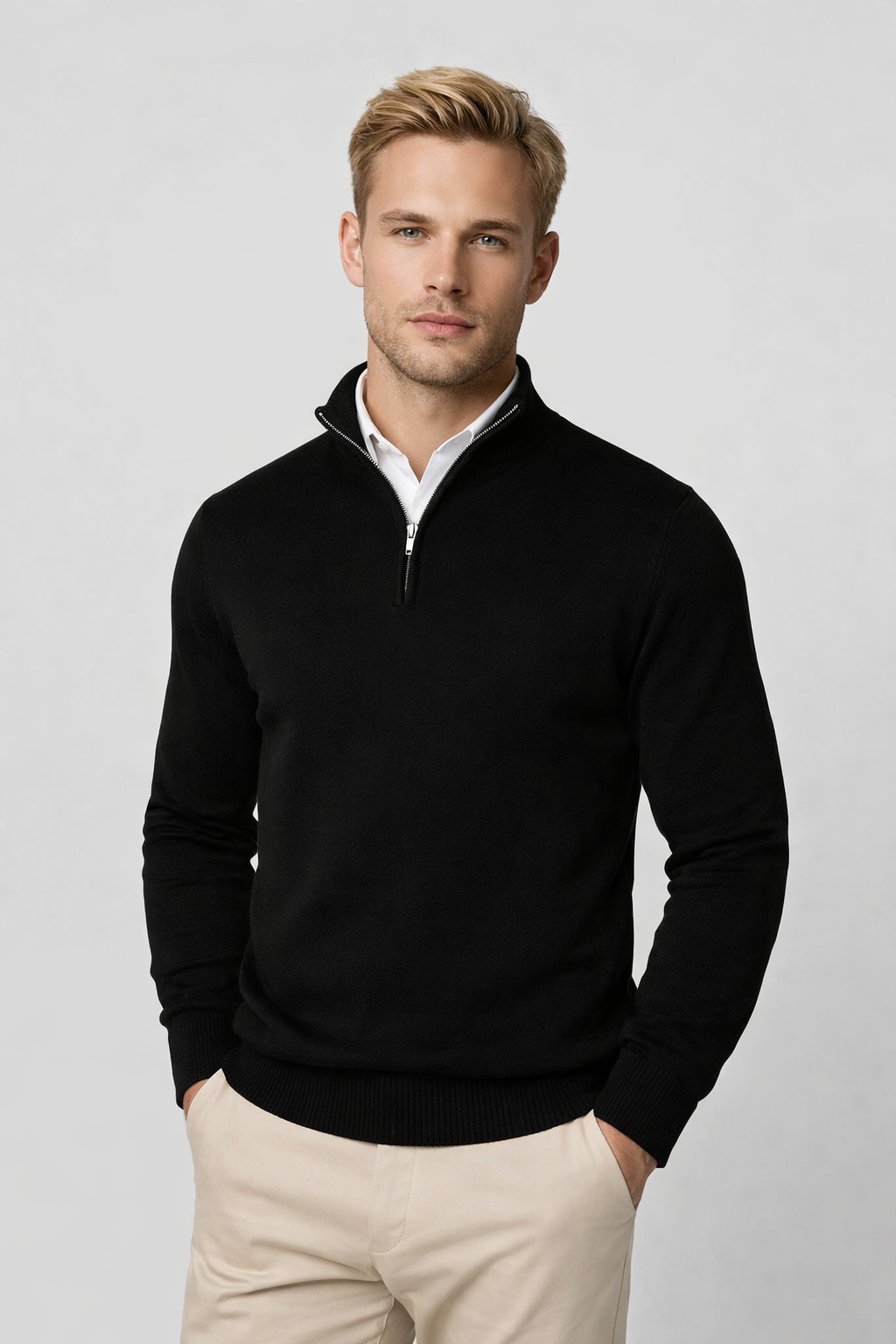 Men's Half-Zip Sweater - Soft Knit Crewneck - Black