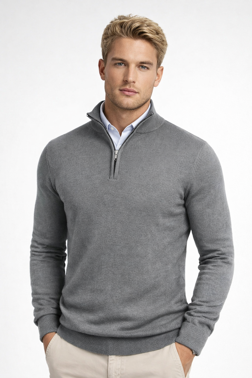 Men's Half-Zip Sweater - Soft Knit Crewneck - Grey