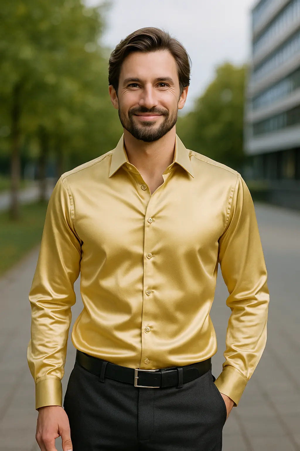 Men's Satin Dress Shirt - Slim Fit Long Sleeve - Gold