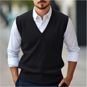 Men's Sleeveless V-Neck Knit Vest - Casual Pullover - Black