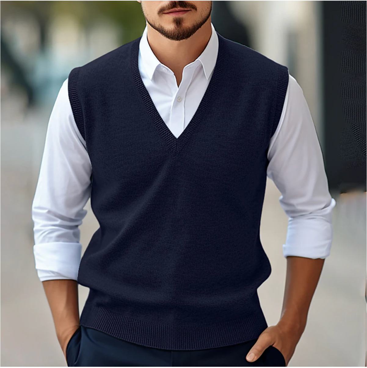 Men's Sleeveless V-Neck Knit Vest - Casual Pullover - Blue