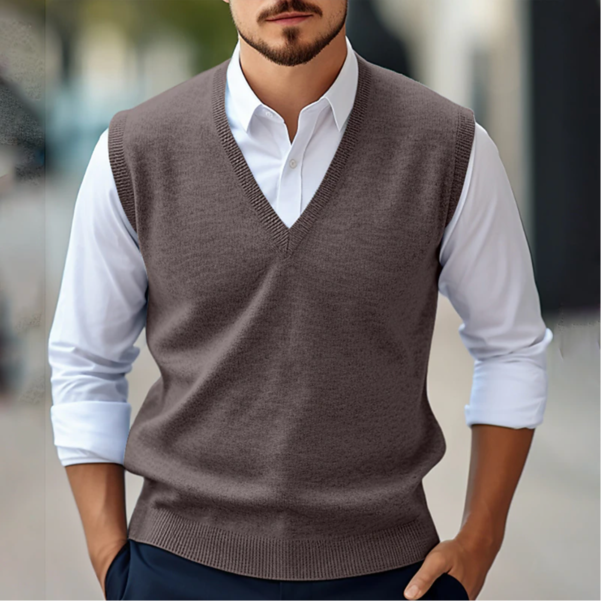 Men's Sleeveless V-Neck Knit Vest - Casual Pullover - Brown