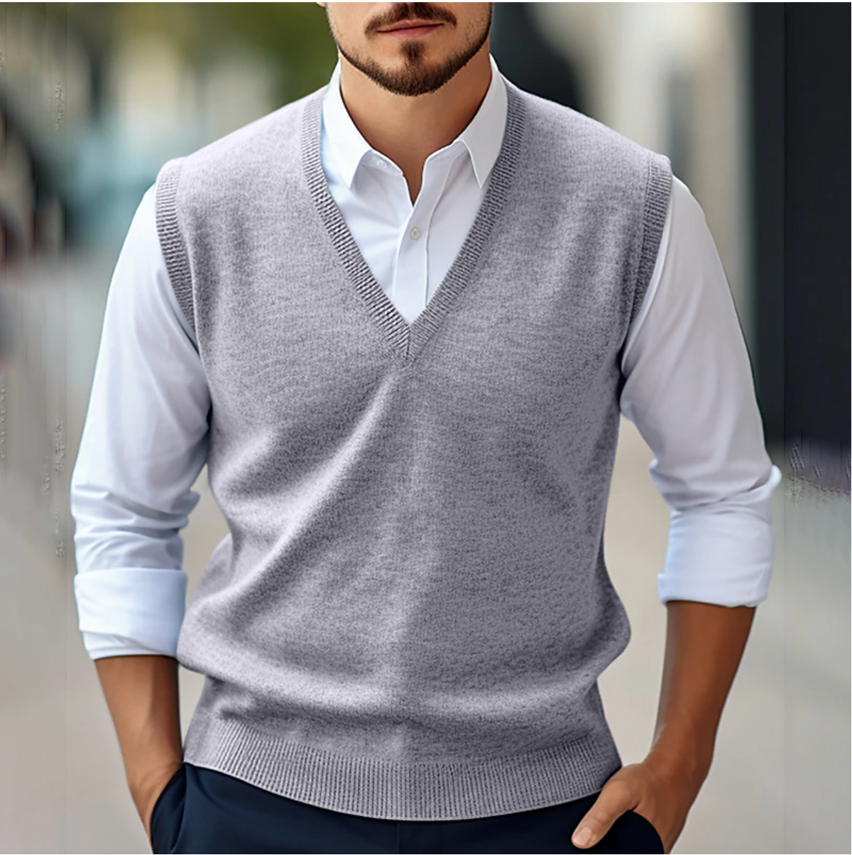 Men's Sleeveless V-Neck Knit Vest - Casual Pullover - Grey