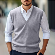 Men's Sleeveless V-Neck Knit Vest - Casual Pullover - Grey