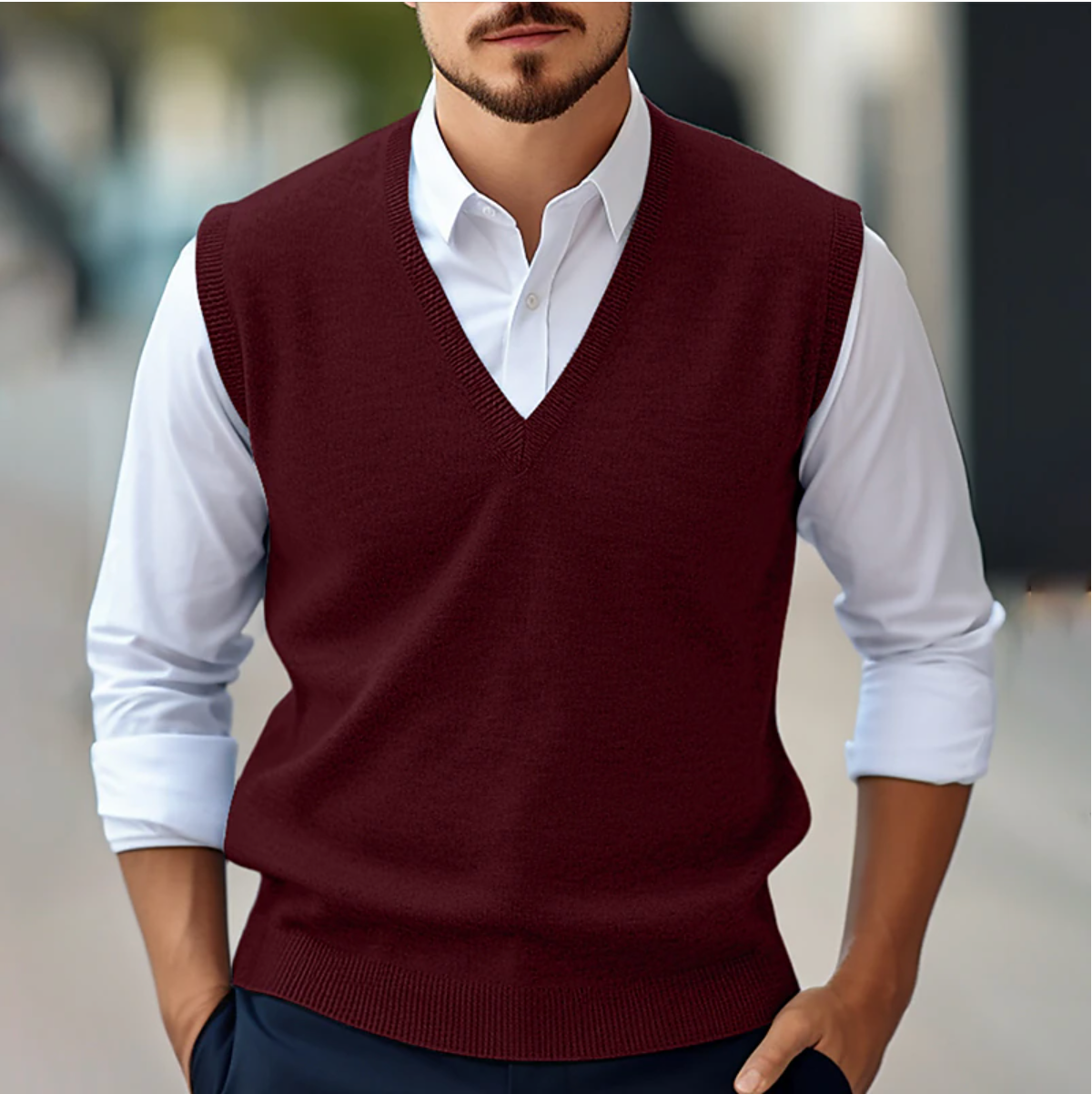 Men's Sleeveless V-Neck Knit Vest - Casual Pullover - Red