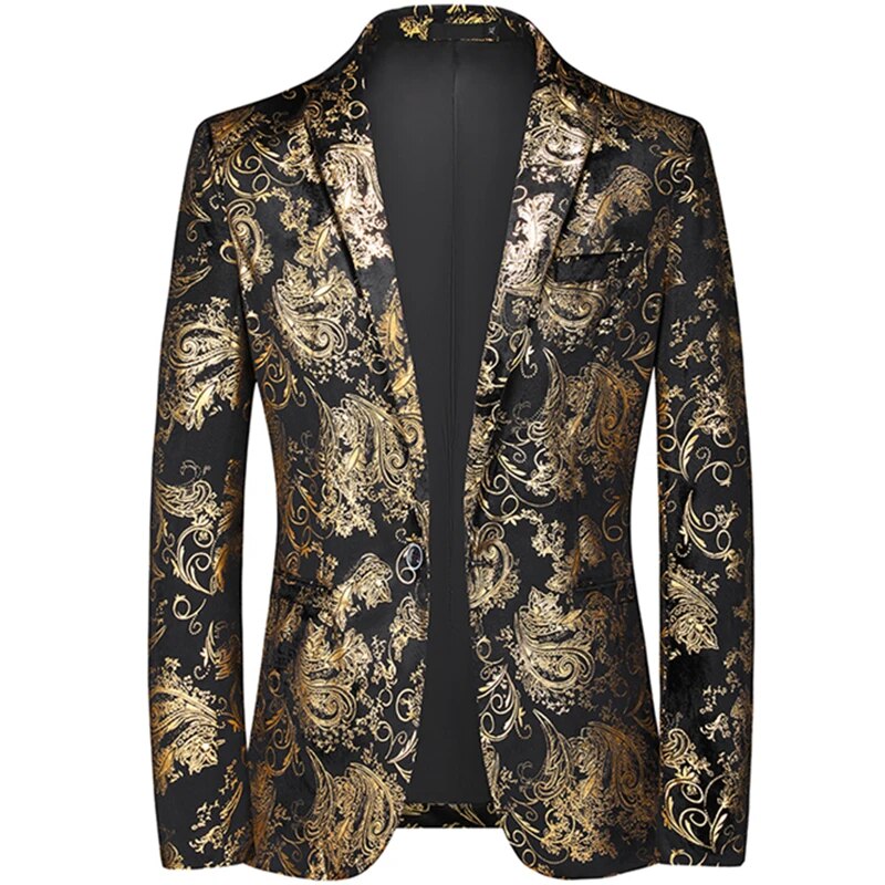 Men's Slim Fit Blazer with Metallic Print - Formal Evening Jacket - Gold