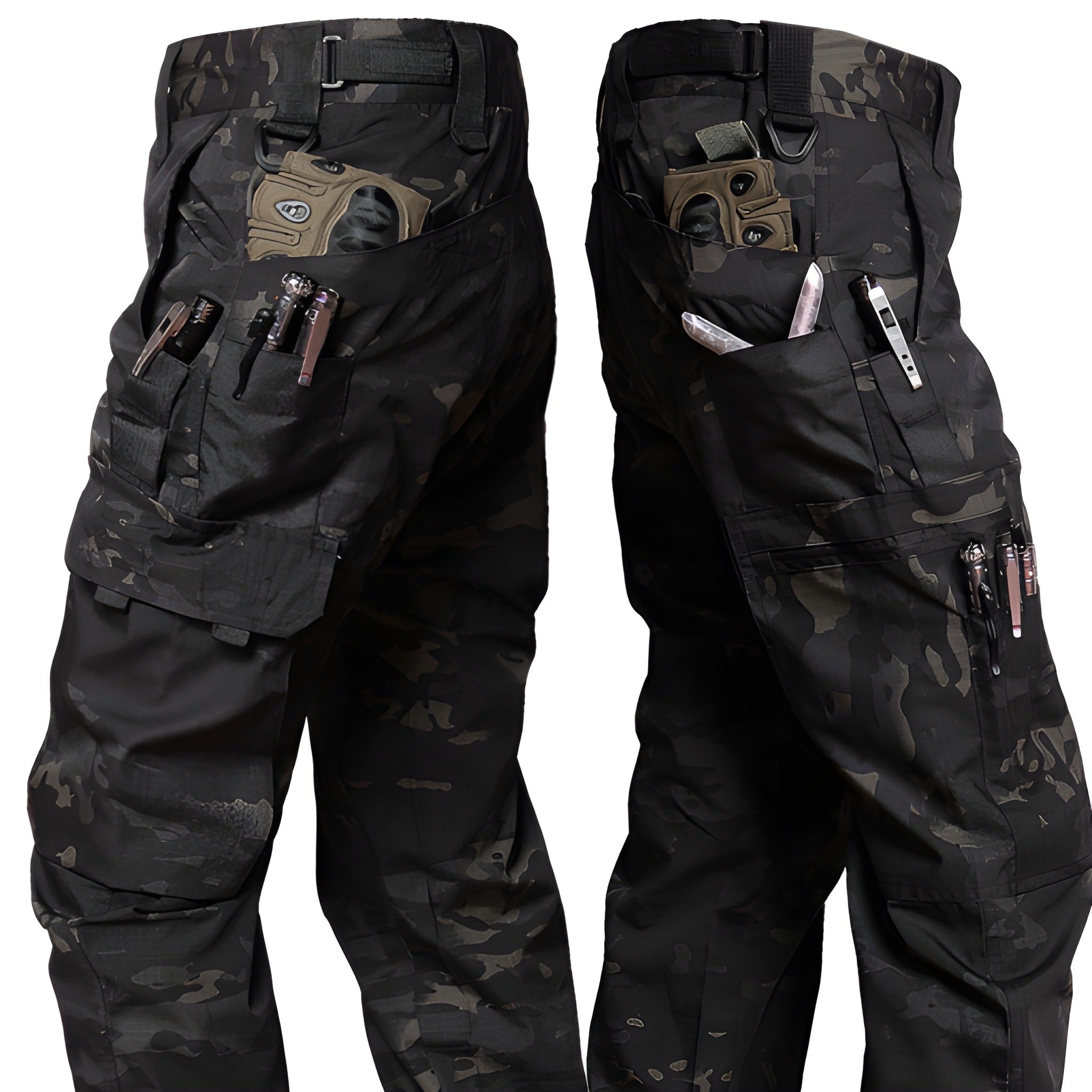 Men's Tactical Cargo Pants - Durable Outdoor Work Trousers - Camo-Black