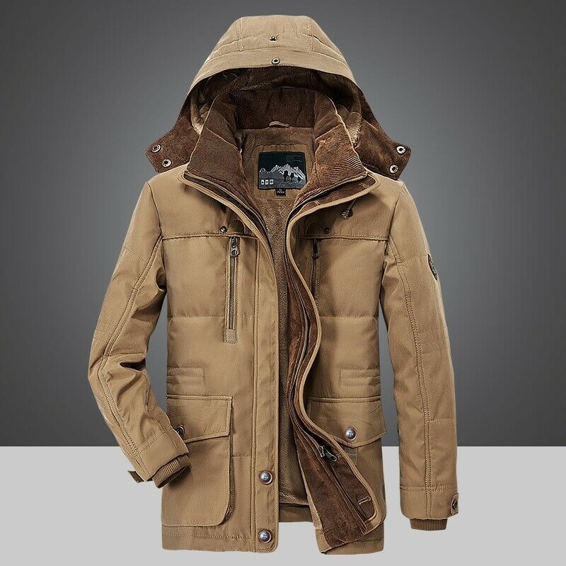 Men's Winter Parka Jacket with Multiple Pockets - Khaki