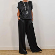 Women's Flowing Two-Piece Set - Blouse & Wide-Leg Pants - Black