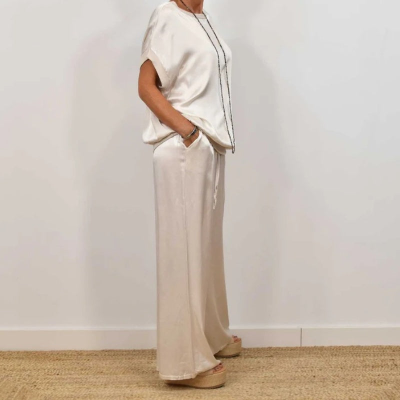 Women's Flowing Two-Piece Set - Blouse & Wide-Leg Pants