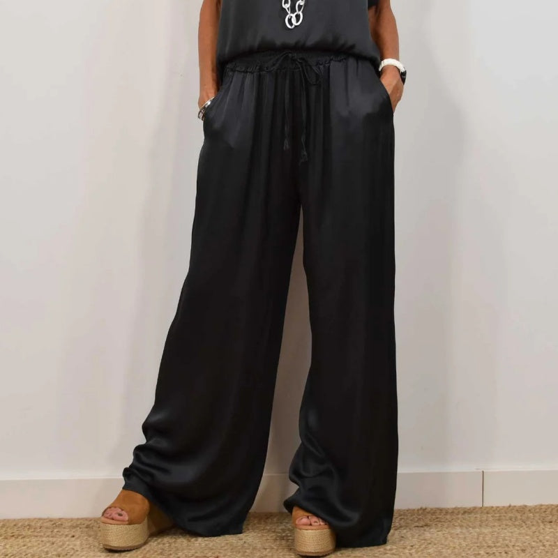 Women's Flowing Two-Piece Set - Blouse & Wide-Leg Pants