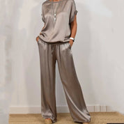Women's Flowing Two-Piece Set - Blouse & Wide-Leg Pants - Grey