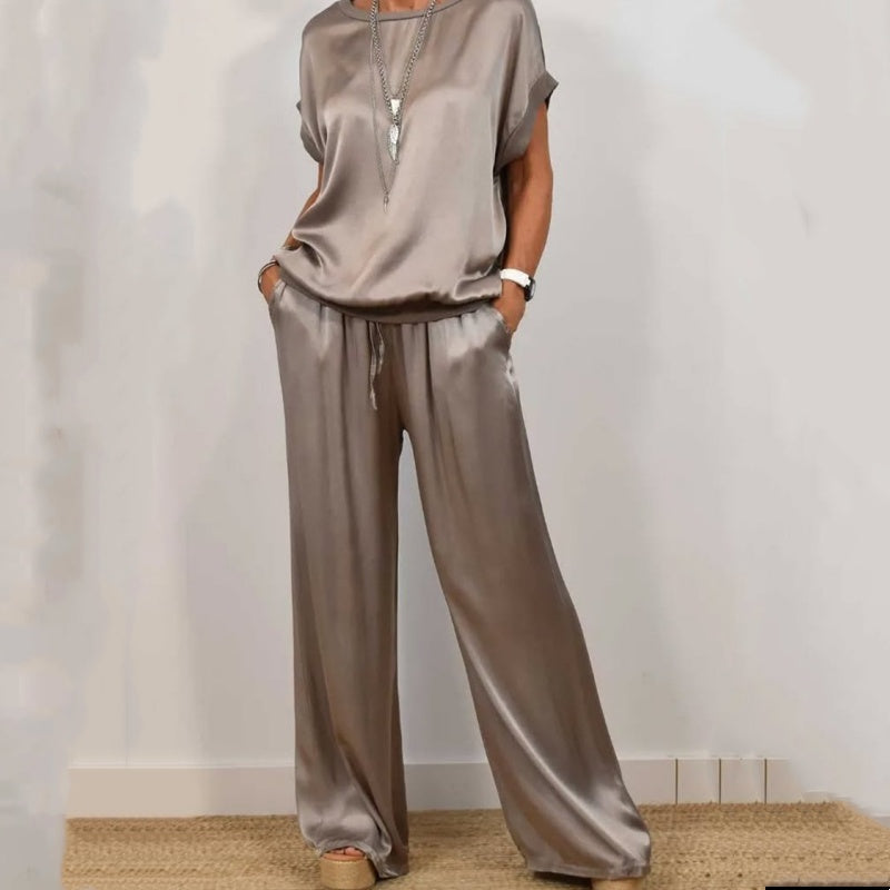 Women's Flowing Two-Piece Set - Blouse & Wide-Leg Pants - Grey