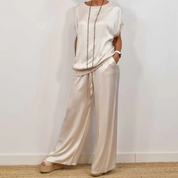 Women's Flowing Two-Piece Set - Blouse & Wide-Leg Pants - White