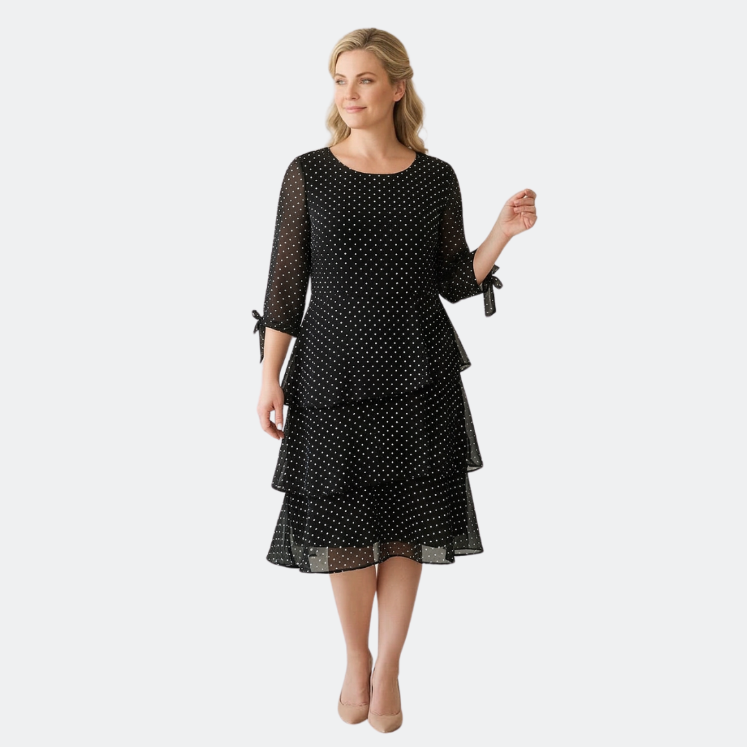 Women's Layered Chiffon Polka Dot Dress - Tiered Flowy Style - Black