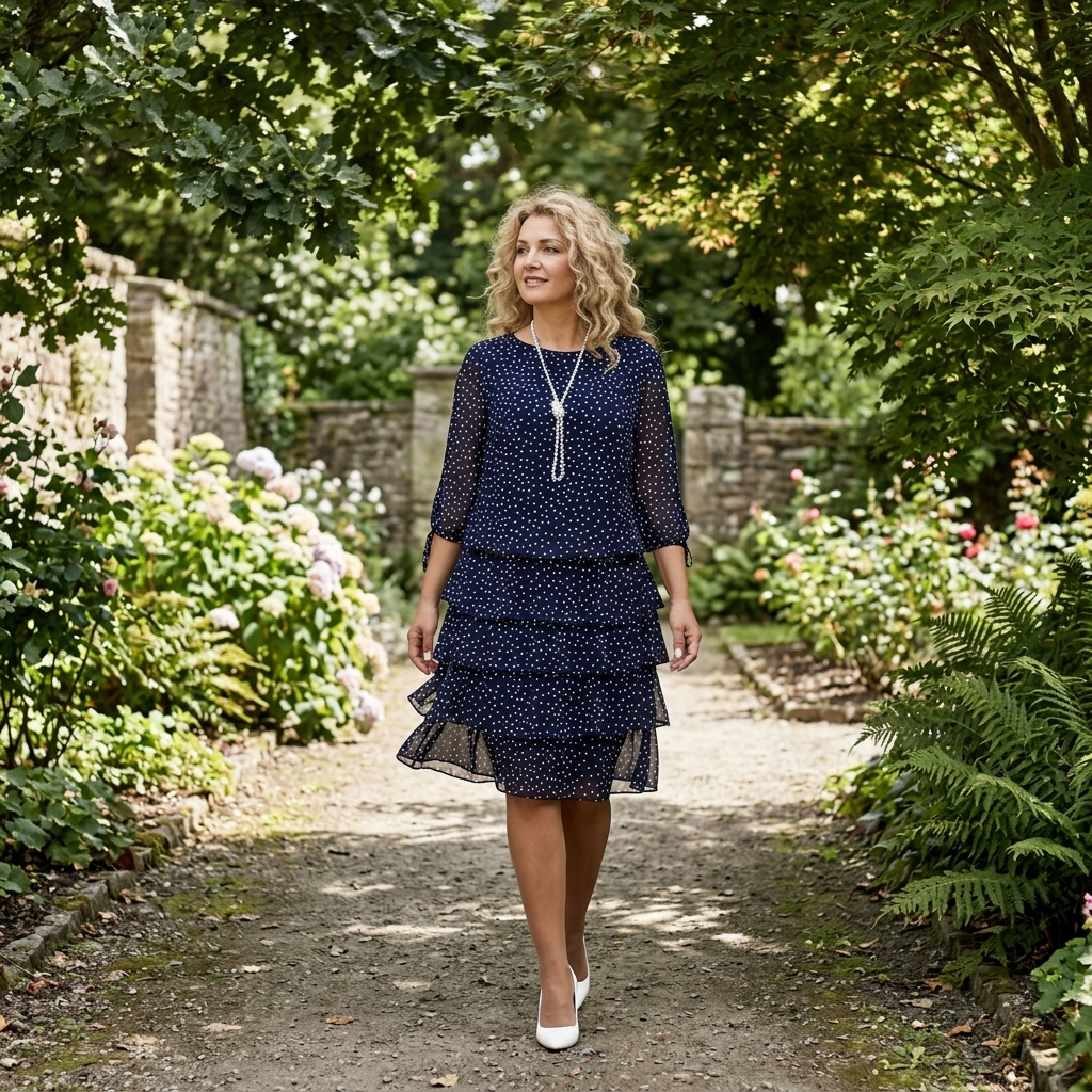 Women's Layered Chiffon Polka Dot Dress - Tiered Flowy Style