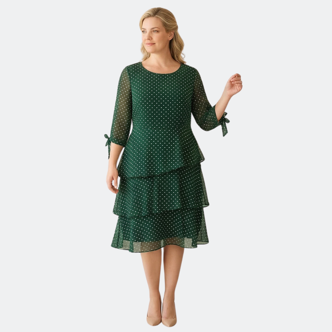 Women's Layered Chiffon Polka Dot Dress - Tiered Flowy Style - Green