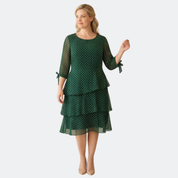 Women's Layered Chiffon Polka Dot Dress - Tiered Flowy Style - Green
