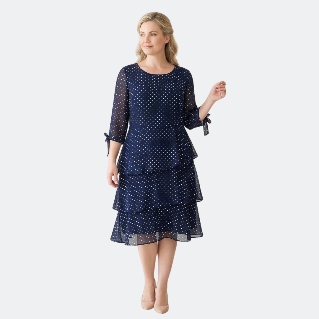 Women's Layered Chiffon Polka Dot Dress - Tiered Flowy Style - Navy