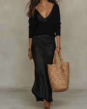 Women's Midi Dress & Knit Sweater Set - Elegant Two-Piece - Black