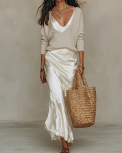 Women's Midi Dress & Knit Sweater Set - Elegant Two-Piece - White