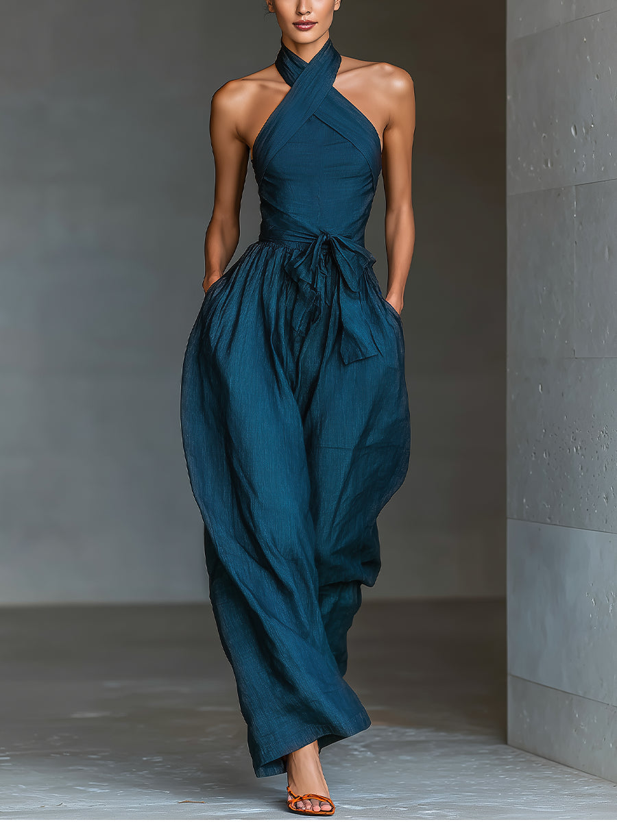 Women's Navy Linen Cross-Back Wide-Leg Jumpsuit