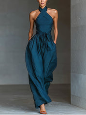 Women's Navy Linen Cross-Back Wide-Leg Jumpsuit