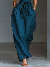 Women's Navy Linen Cross-Back Wide-Leg Jumpsuit