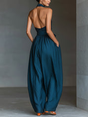 Women's Navy Linen Cross-Back Wide-Leg Jumpsuit