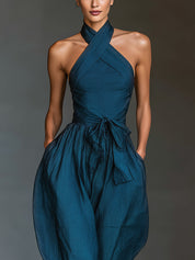 Women's Navy Linen Cross-Back Wide-Leg Jumpsuit