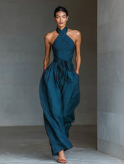 Women's Navy Linen Cross-Back Wide-Leg Jumpsuit - Navy