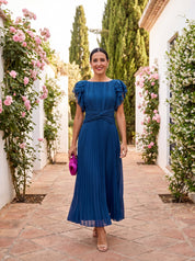 Women's Pleated Evening Dress - Elegant Formal Gown - Blue