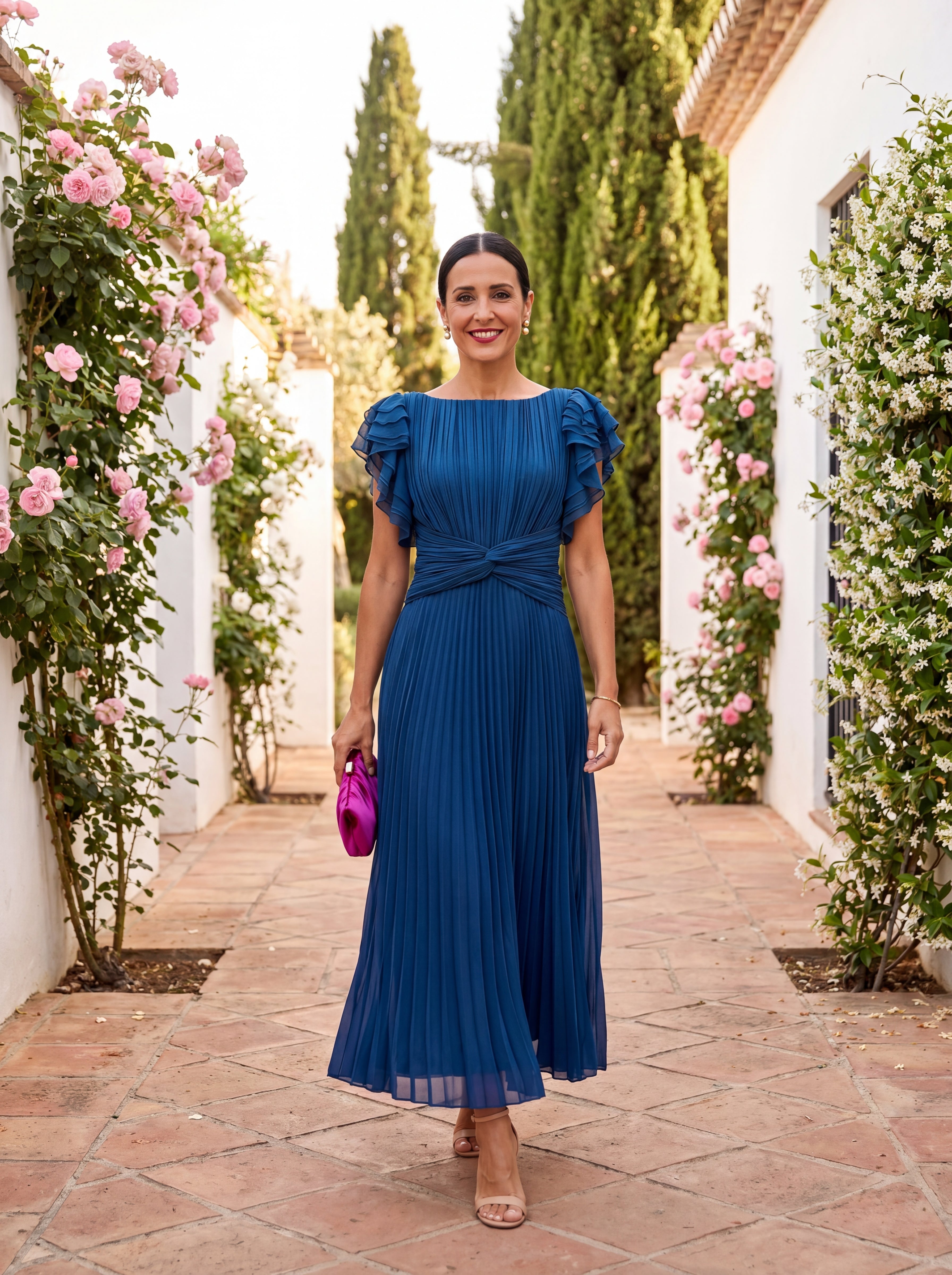 Women's Pleated Evening Dress - Elegant Formal Gown - Blue