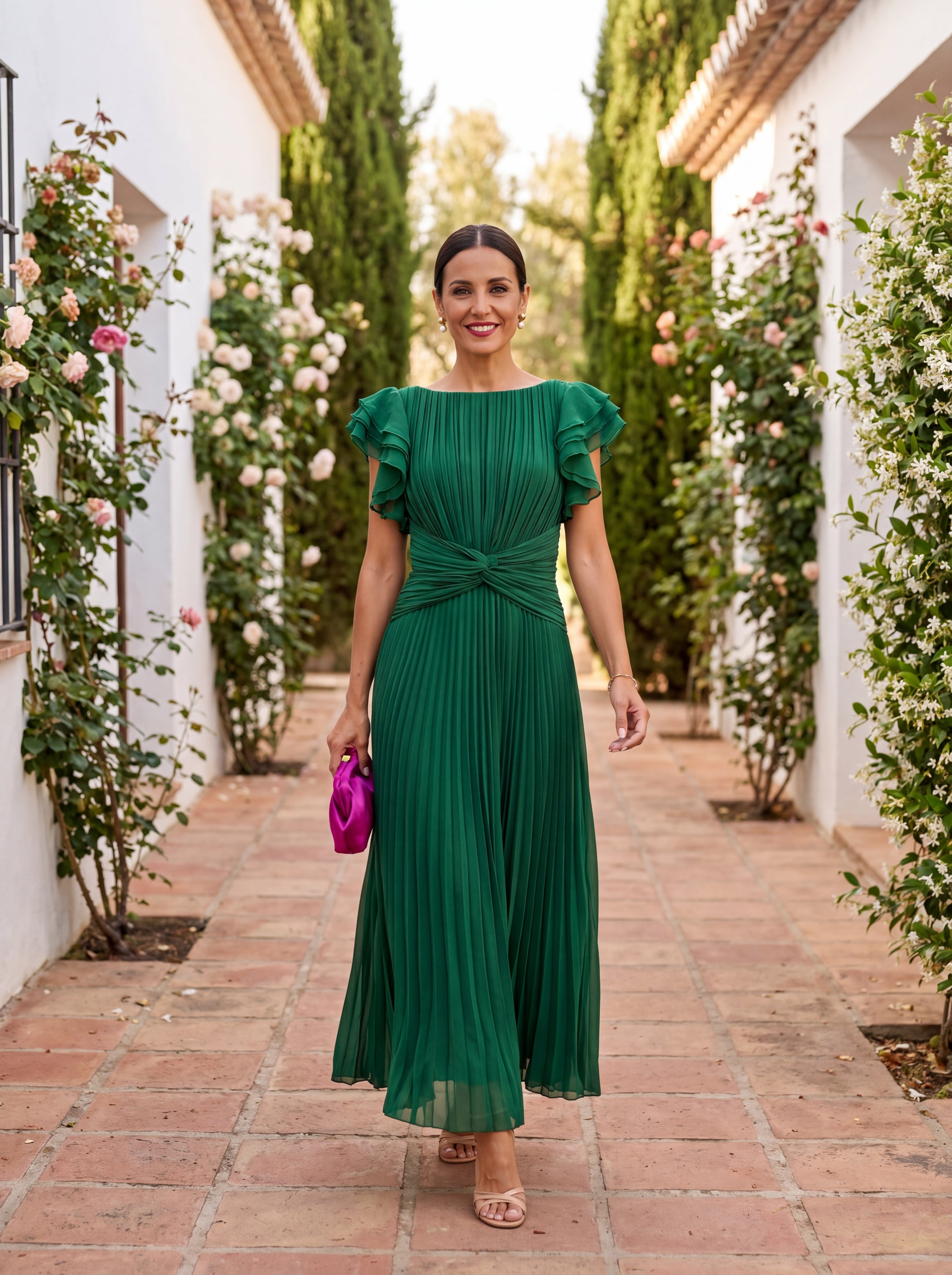 Women's Pleated Evening Dress - Elegant Formal Gown - Green