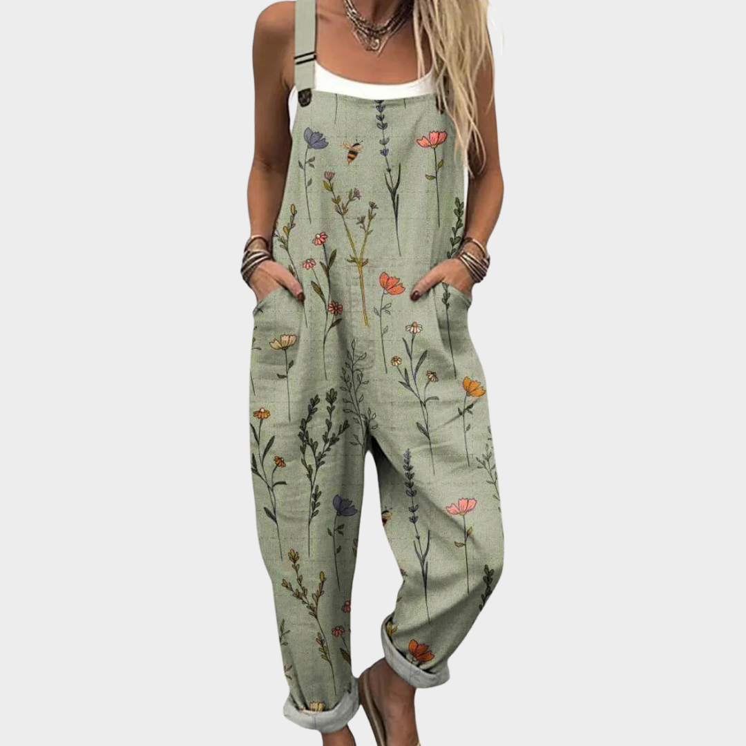 Women's Printed Jumpsuit - Relaxed Fit Overalls - Green