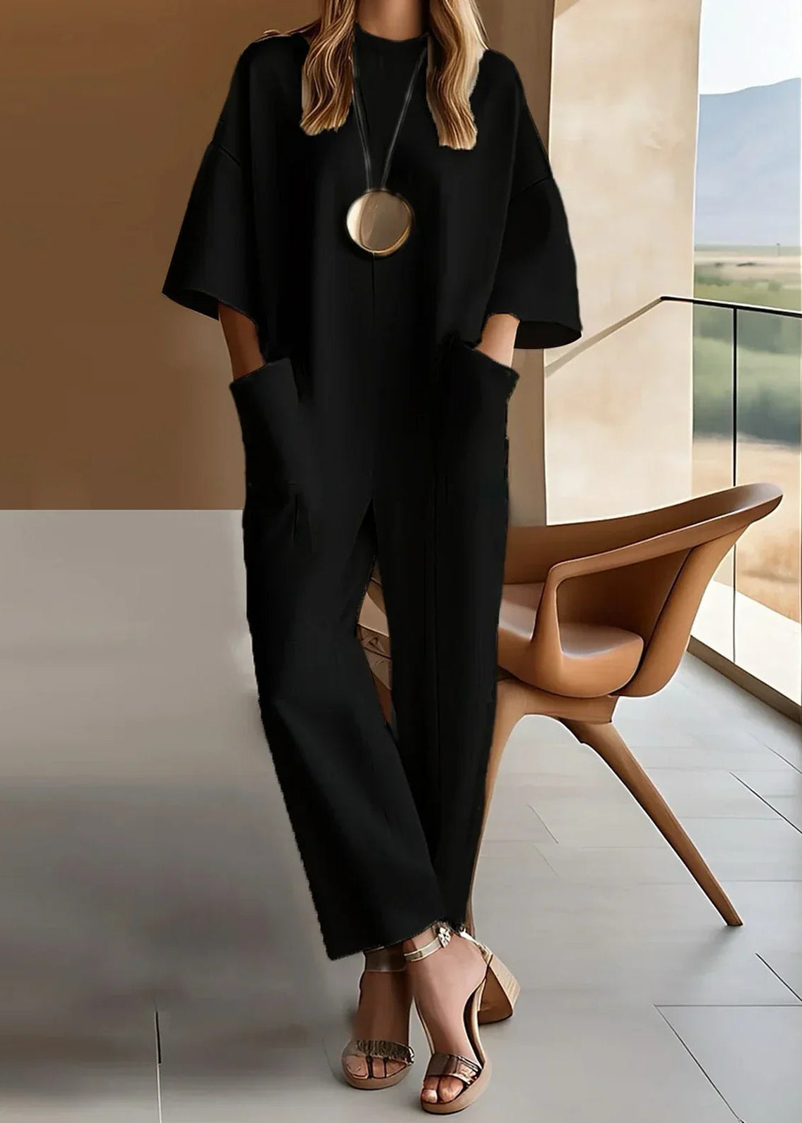 Women's Short-Sleeve Jumpsuit - Relaxed Elegant Fit - Black
