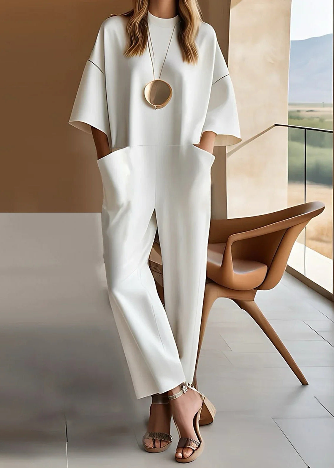 Women's Short-Sleeve Jumpsuit - Relaxed Elegant Fit - White