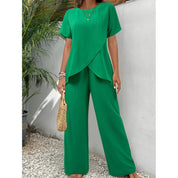 Women's Soft Two-Piece Set - Asymmetrical Blouse & Relaxed Pants - Green