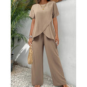 Women's Soft Two-Piece Set - Asymmetrical Blouse & Relaxed Pants - Khaki
